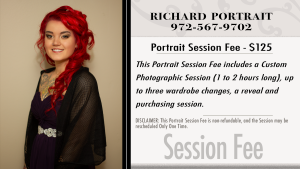 This Portrait Session Fee includes a Custom Photographic Session for one or two people (1 to 2 hours long), up to three wardrobe changes, a reveal, and purchasing session.